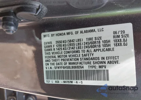 2020 Honda Pilot Awd Ex-L из США, поврежденный, VIN 5FNYF6H50LB069264